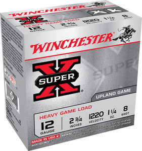 Winchester Ammo Super X 12 Gauge 2.75-inch 8 Shot Lead Shotshells – 1 1/4 oz, 1220 fps, 25 Rounds per Box