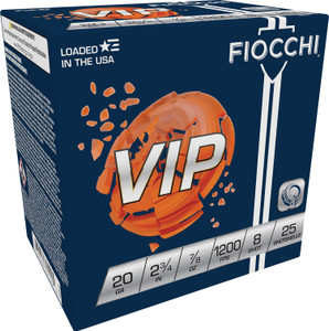 Fiocchi 20VIP8 VIP Target Loads - 20 Gauge, 2.75 Inch, 8 Shot, 7/8 oz, 1200 fps, Sport Shooting Ammunition