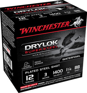 Winchester Ammo XSV123BB DryLok 12 Gauge High Velocity Steel Shotshells, 3 Inches, BB Shot, 1 1/4 oz, 1400 fps, Box of 25