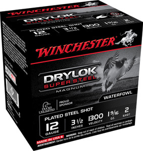 Winchester Ammo DryLok Super Steel 12 Gauge High Velocity Shotshells - 3.5 Inch, 2 Shot Size, 1 9/16 Ounce, 1300 fps, 25 Rounds per Box