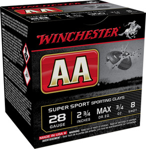 Winchester Ammo AA Shotshells 28 Gauge 2.75 Inch 3/4 oz Shot Size 8, Muzzle Velocity 1300 fps, 25 Rounds per Box