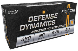 Fiocchi Defense Dynamics 380 ACP Jacketed Hollow Point Handgun Rounds, 90 Grain, 50 Rounds Per Box