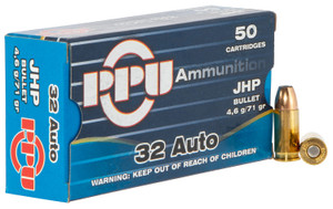 PPU PPD32A 32 ACP Jacketed Hollow Point Handgun Ammunition, 71 Grain, 50 Rounds per Box