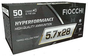 Fiocchi 57PT40 5.7x28mm Tipped Hollow Point Centerfire Handgun Rounds, 40 Grain, 50 Rounds per Box