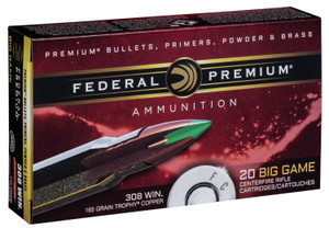 Federal Premium Trophy Copper .308 Winchester Centerfire Rifle Rounds - 165 Grain, 20 Rounds per Box