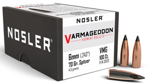 Nosler Varmageddon 6mm .243 Caliber 70 Grain Flat Base Tipped Reloading Bullets, Part 26123, 100 Count