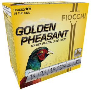 Fiocchi 12 Gauge Golden Pheasant Nickel-Plated Lead Shotshells – 2.75-inch, 1 3/8 oz, Shot Size 4, 1485 fps, Box of 25