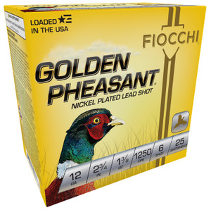 Fiocchi 12 Gauge Golden Pheasant Shotgun Ammunition, 2.75 inch, 1 3/8 oz, Shot Size 6, High Brass, Nickel-Plated Lead for Hunting