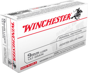 Winchester Ammo USA9JHP 9mm Luger Jacketed Hollow Point 115-Grain Centerfire Handgun Rounds for Home Defense