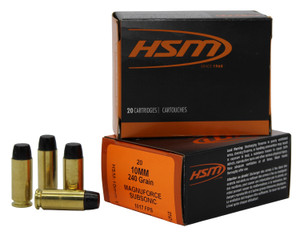 HSM 10mm Auto Subsonic 240-Grain Hard Cast Long Flat Nose Centerfire Handgun Rounds - 20 Rounds per Box