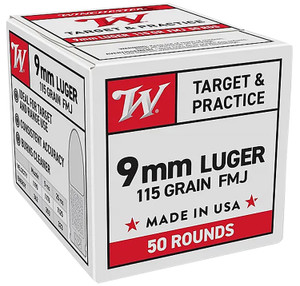 Winchester Ammo W9MM50 9mm Luger 115 Grain FMJ Centerfire Handgun Rounds, 50 Rounds per Box
