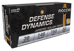 Fiocchi Defense Dynamics 38 Special Jacketed Hollow Point Ammunition - 148 Grain, 50 Rounds per Box