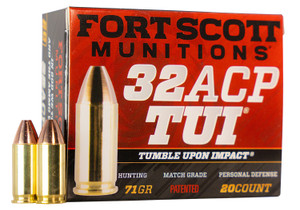 Fort Scott Munitions 32 ACP Tumble Upon Impact (TUI) Ammo - 71 Grain Solid Copper Spun Bullet, Centerfire Handgun Rounds
