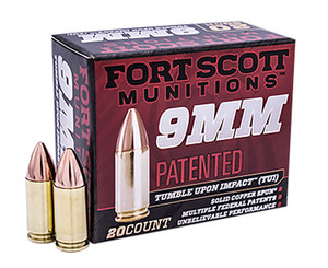 Fort Scott Munitions 9mm Luger TUI Ammo - 80 Grain Solid Copper Spun for Home Defense