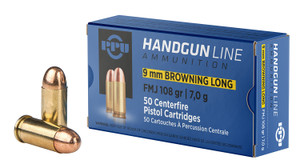 PPU 9mm Browning Long 108 Grain Full Metal Jacket Centerfire Handgun Ammunition - PPH9BL