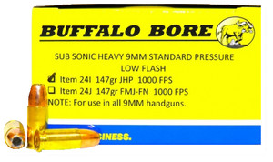 Buffalo Bore Ammunition 24I20 9mm Subsonic Jacketed Hollow Point - 147 Grain Centerfire Handgun Rounds for Home Defense
