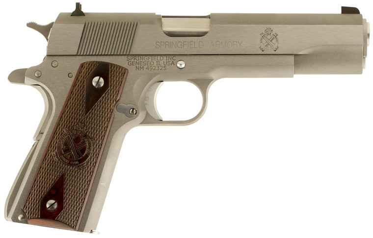 Springfield Armory 1911 Mil-Spec 45 ACP Pistol with Stainless Steel Frame and Crossed Cannon Cocobolo Grips *CA Compliant