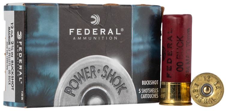 Federal Power-Shok 12 Gauge 00 Buckshot, 2.75-inch, 1-3/8 oz, Muzzle Velocity 1290 fps – Ideal for Medium Game Hunting