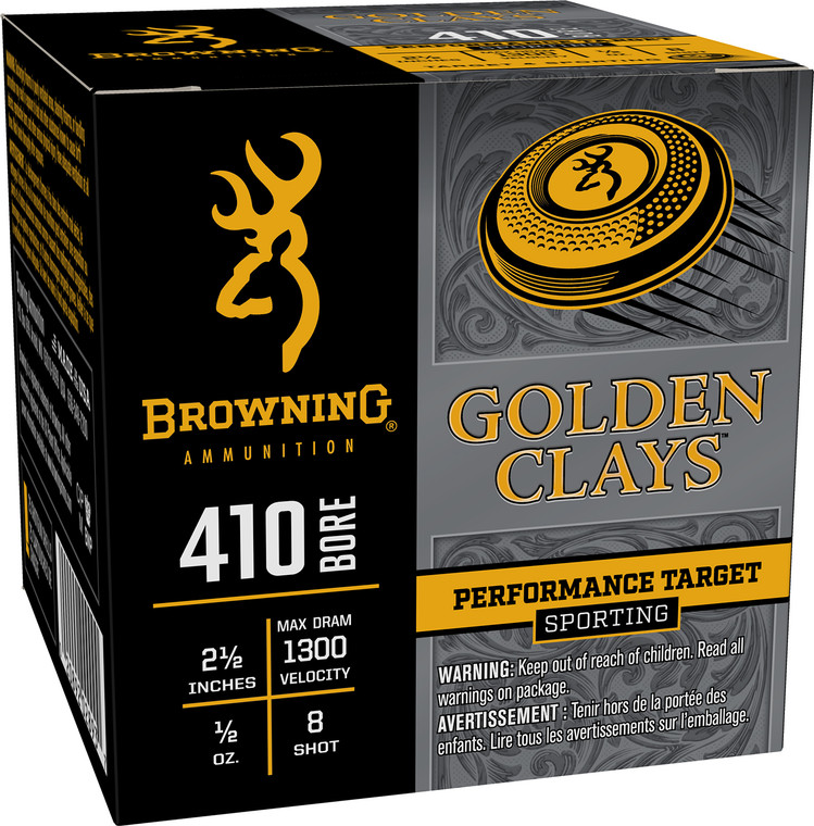 Browning Ammo Golden Clays Performance Target Shotshell 410 Bore, 2.5 Inch, 1/2 Oz, Shot Size 8, 1300 fps, 25 Rounds per Box
