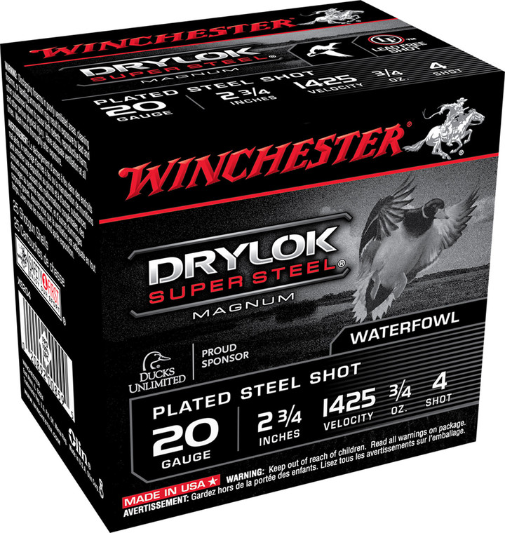 Winchester Ammo DryLok Super Steel 20 Gauge High Velocity Shotshells – 2.75 Inch, 4 Shot Size, 3/4 Oz, 1425 fps