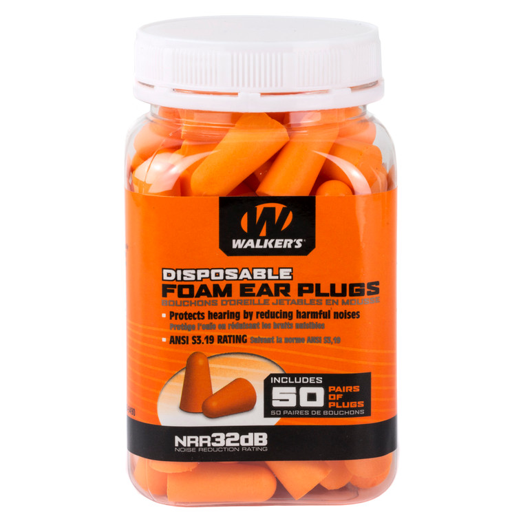 Walker's Foam Ear Plugs 50-Pack - Hearing Protection in Bright Orange
