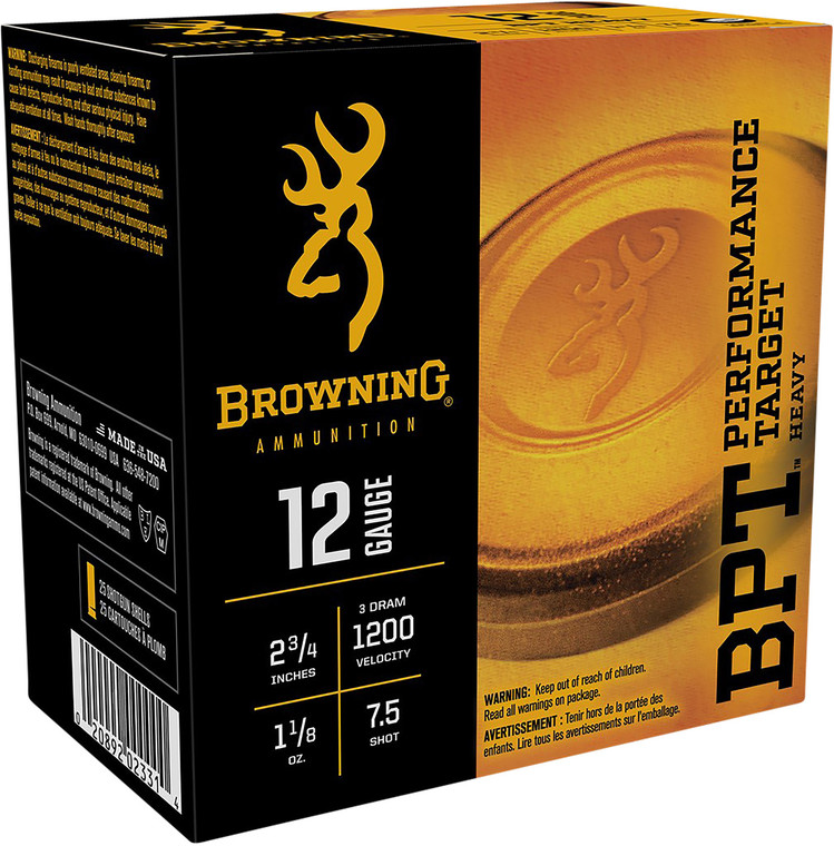 Browning Ammo B193621227 BPT Performance Target 12-Gauge Shotgun Shells — 1 1/8 oz, 7.5 Shot, 1200 fps, 25 Rounds