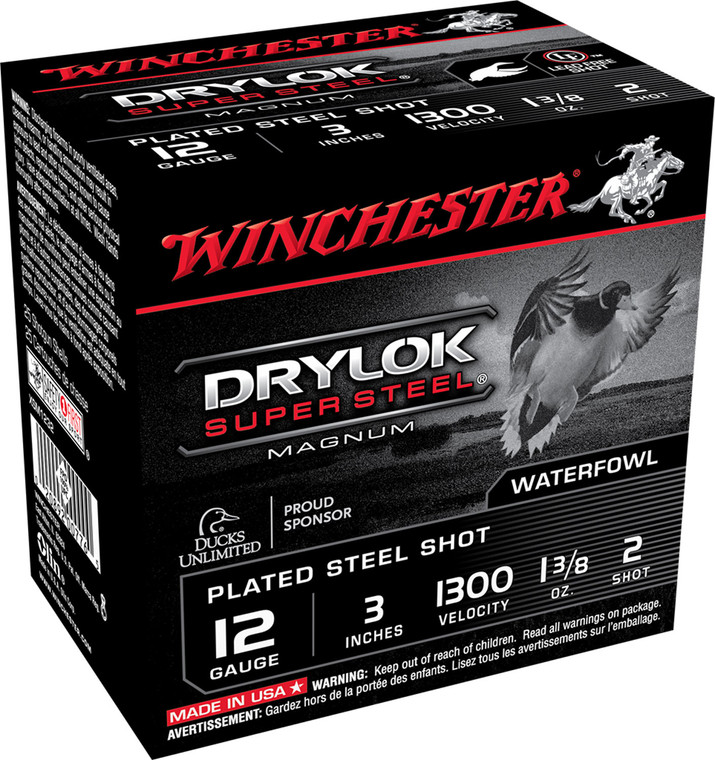 Winchester Ammo DryLok Super Steel 12 Gauge 3-Inch High Velocity Shotshells, 2 Shot Size, 1 3/8 oz, 1300 fps, 25 Rounds per Box