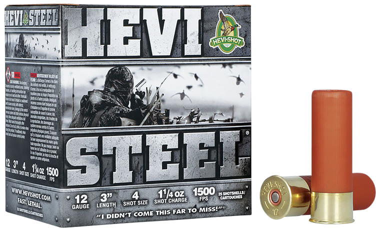 Hevi-Shot HEVI-STEEL 12 Gauge 3-Inch Shotgun Shells, 1 1/4 oz, Size 4, 1500 fps – Pack of 25