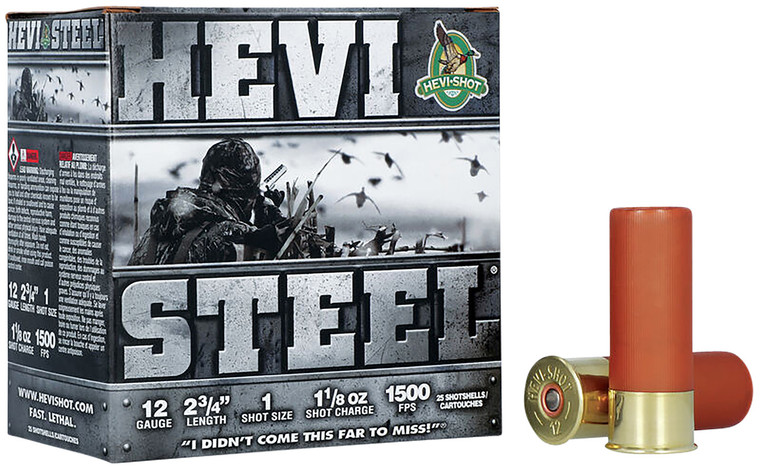 Hevi-Shot HEVI-Steel 12 Gauge Shotgun Shells, 2.75 Inch, 1 1/8 oz, Size 1 Steel Shot, 1500 fps, 25 Rounds
