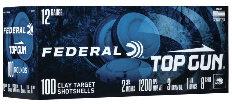 Federal Top Gun 12 Gauge Shotshells, 1-1/8 oz, 8 Shot, 1200 fps, 2.75" Length, 100 Rounds per Box