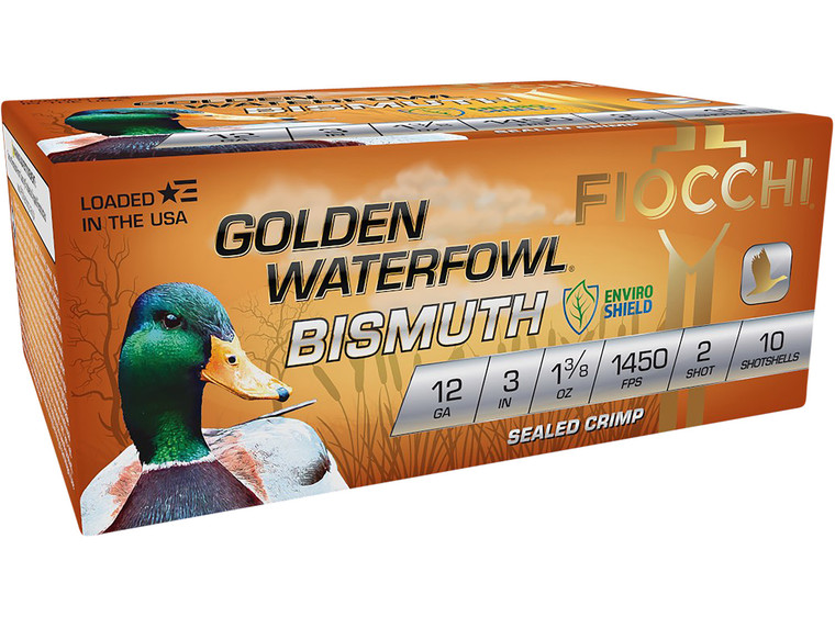 Fiocchi 123GB2 Golden Waterfowl Bismuth Shotshells – 12 Gauge, 3 Inch, 2 Shot, 1 3/8 oz, 1450 fps