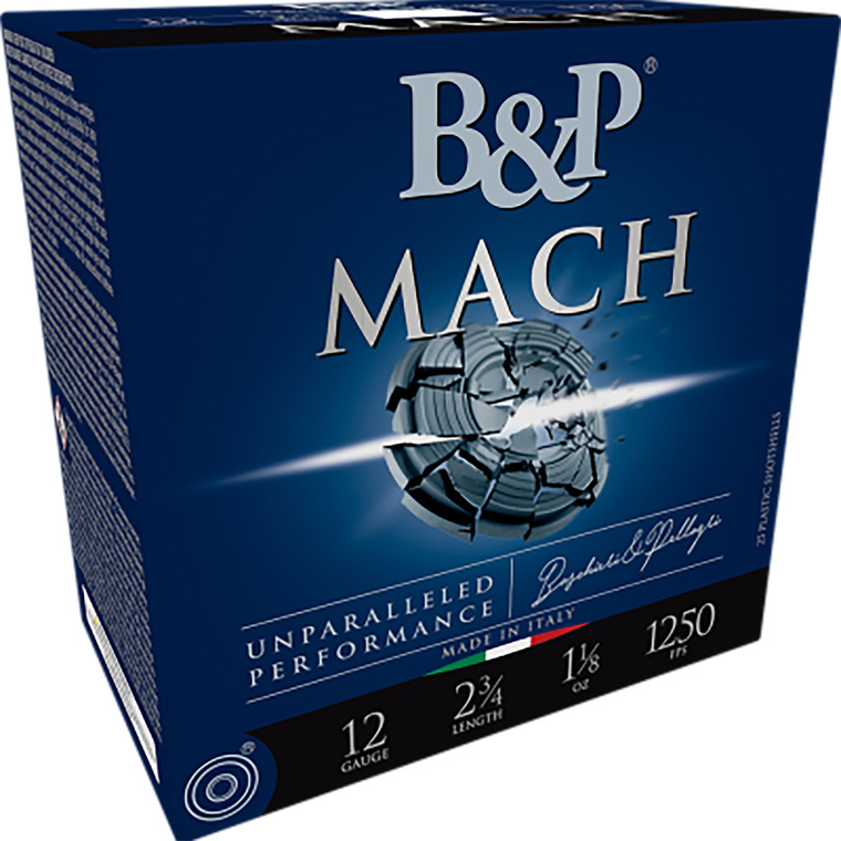 B&P Ammunition Mach 12 Gauge Shotshells - 2.75 inch, 1-1/8 oz, #8 Shot, 1300 fps, 25 Rounds per Box