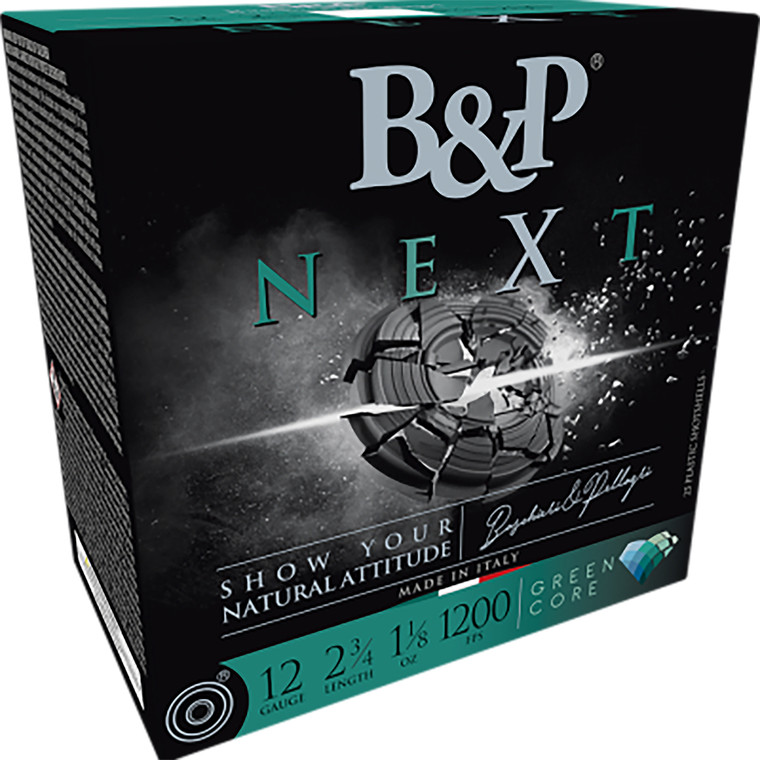 B&P Ammunition 12B18NX8 Next Green Core 12 Gauge Shotshells, 1-1/8 oz, 8 Shot, 2-3/4" Length, 1200 fps, Box of 25