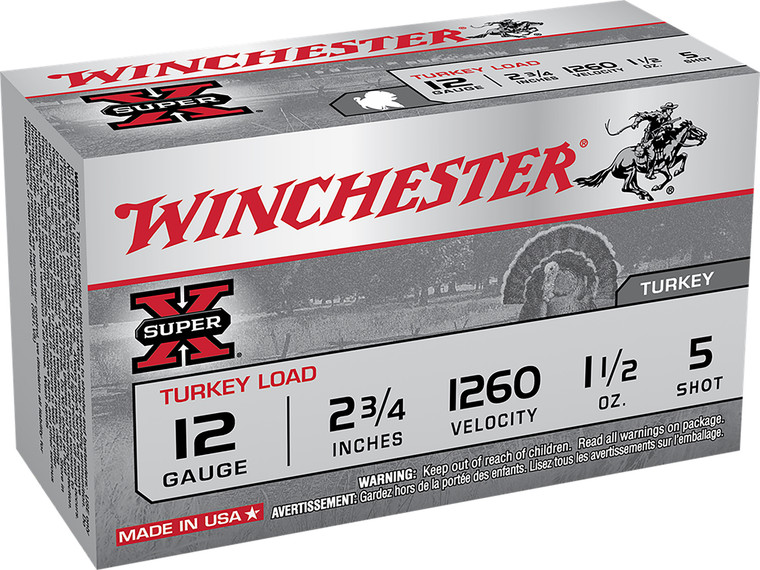 Winchester Ammo Super X 12 Gauge Shotshells - 2.75 inch, 1.5 oz, Shot Size 5, Copper-Plated Lead, 1260 fps, 10 Rounds per Box