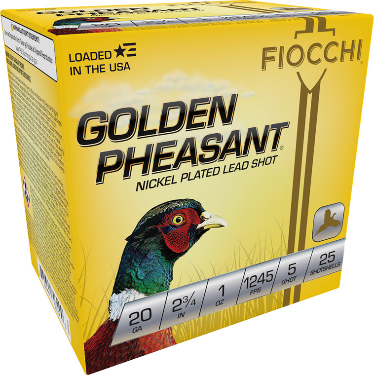 Fiocchi 20 Gauge Golden Pheasant Nickel-Plated Lead Shotshells - 2.75 inch, 1 oz, Shot Size 5, Muzzle Velocity 1245 fps