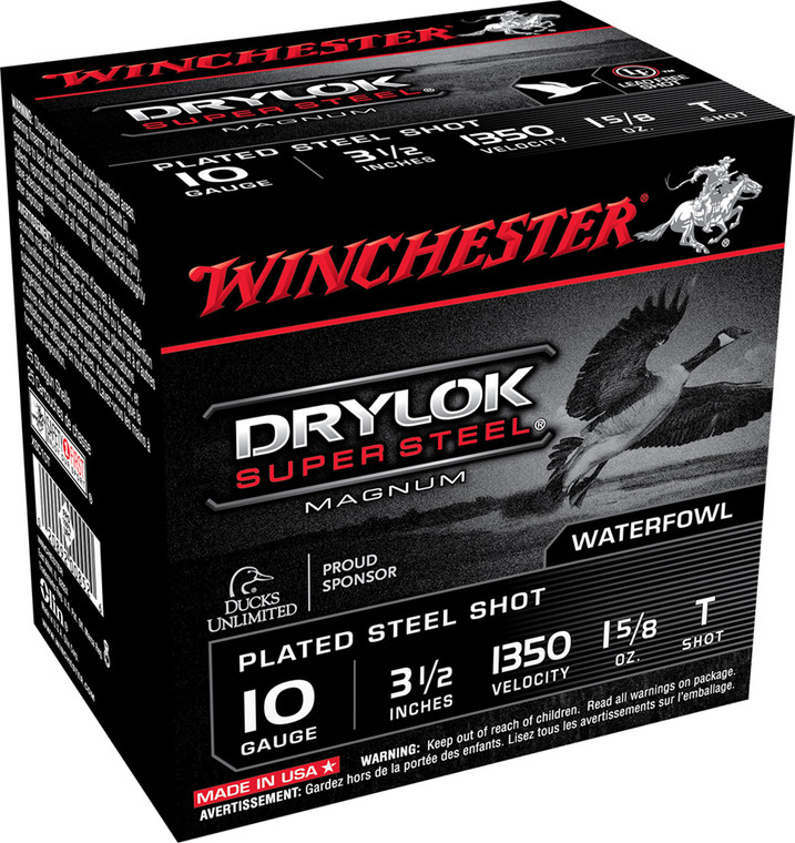 Winchester Ammo DryLok Super Steel 10 Gauge High Velocity Shotshells - 1 5/8 oz, 1350 fps, T Shot, 25 Rounds per Box