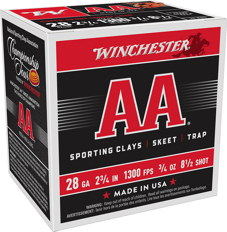 Winchester Ammo AA Sport Clays 28 Gauge 2.75-Inch Lead Shotshells, 8.5 Shot Size, 1300 fps, 25 Rounds per Box