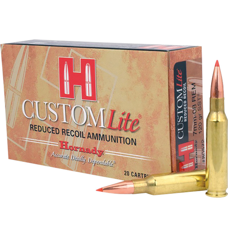 Hornady Custom Lite 7mm-08 Rem Centerfire Rifle Rounds – 120 gr SST Bullets, Reduced Recoil for Hunting