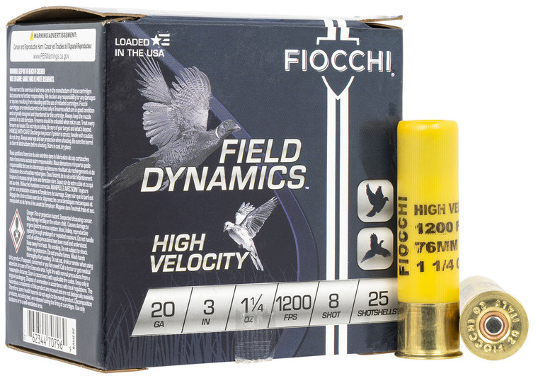 Fiocchi 203HV8 High Velocity 20 Gauge 3-Inch Shotshell with 1 1/4 oz #8 Shot, 1200 fps for Hunting