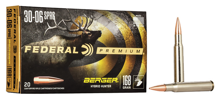 Federal Premium Berger Hybrid Hunter Centerfire Rifle Rounds in 30-06 Springfield, 168 Grain - P3006BCH1