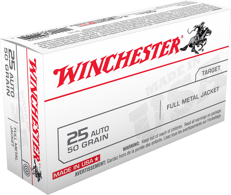 Winchester Ammo Q4203 25 ACP Full Metal Jacket Centerfire Handgun Rounds - 50 Grain, 50 Rounds per Box