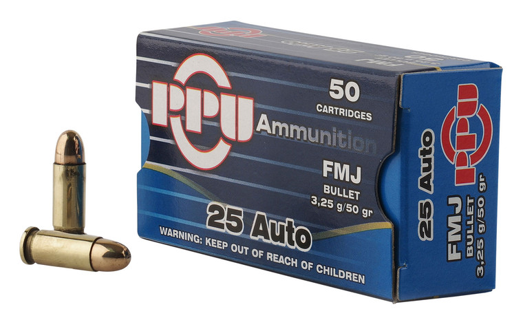 PPU PPH25 25 ACP Full Metal Jacket Handgun Ammunition - 50 Rounds
