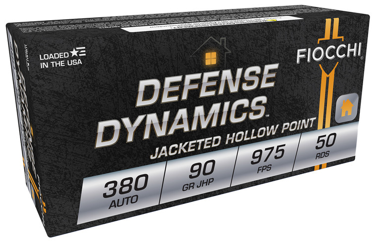 Fiocchi Defense Dynamics 380 ACP Jacketed Hollow Point Handgun Rounds, 90 Grain, 50 Rounds Per Box