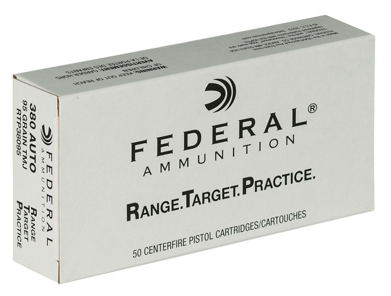 Federal Range Target Practice .380 ACP 95 Grain Full Metal Jacket Centerfire Handgun Rounds - 50 Rounds per Box