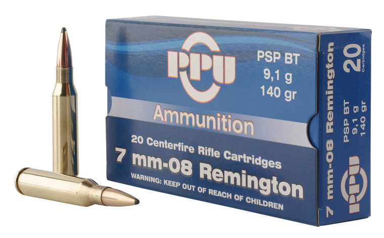 PPU PP708 7mm-08 Rem Centerfire Rifle Ammunition - 140 Grain Pointed Soft Point Boat Tail, 20 Rounds per Box