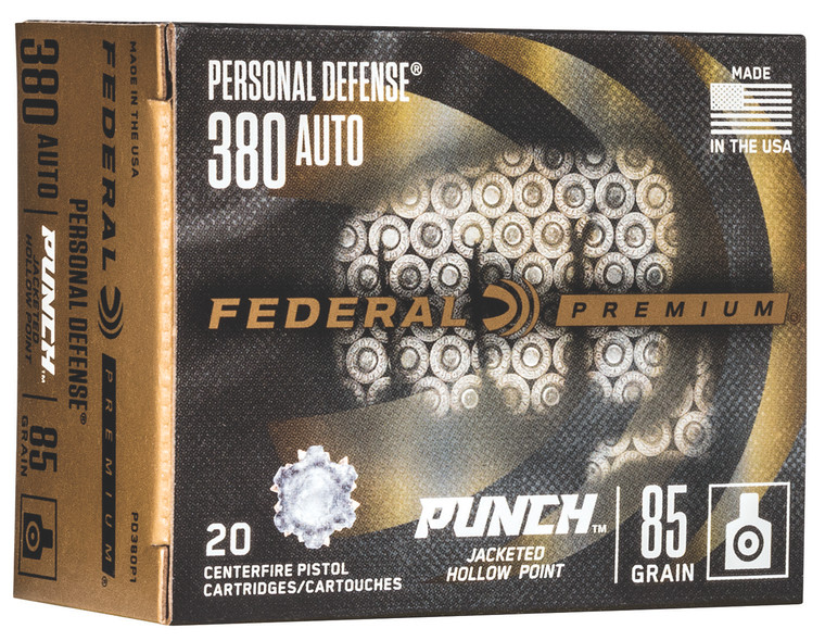 Federal Punch .380 ACP Jacketed Hollow Point Centerfire Handgun Rounds – 85 Grain, 20 Rounds per Box