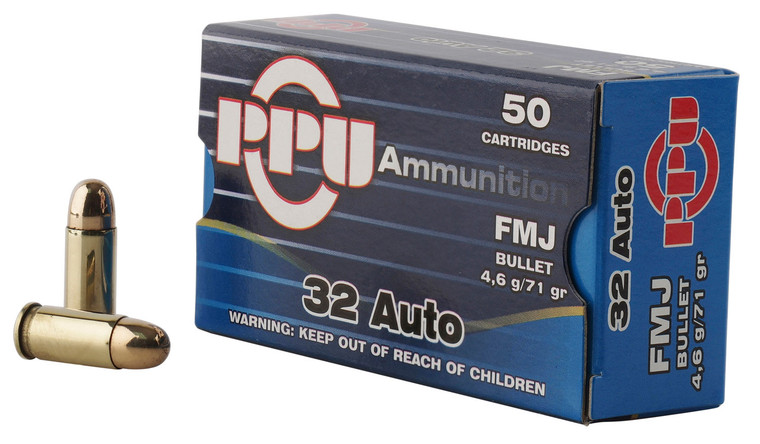 PPU PPH32AF 32 ACP Full Metal Jacket Handgun Ammunition - 71 Grain, Brass Casing, 50 Rounds