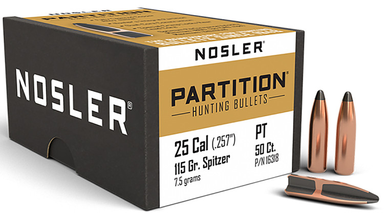 Nosler Partition 16318 .257 Caliber 115 Grain Spitzer Hunting Bullets, 50 Count