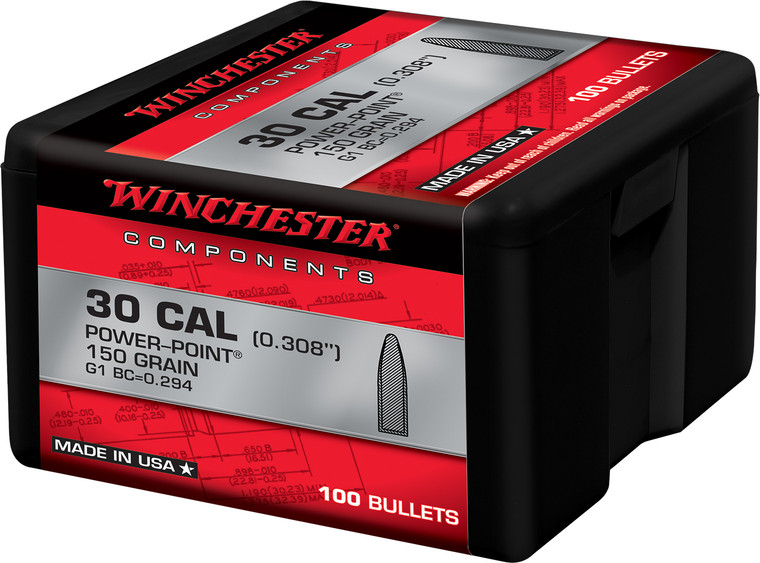 Winchester Ammo WB30PP150X .308 Caliber 150 Grain Power Point Reloading Bullets, Box of 100