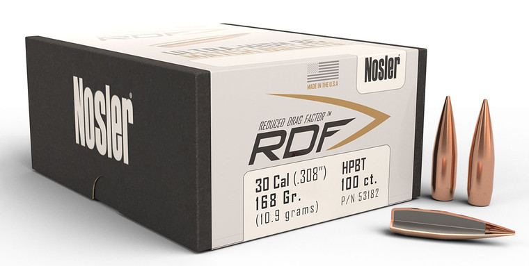 Nosler 53182 RDF Match .308 Caliber 168 Grain Hollow Point Boat Tail Bullets, 100 Count